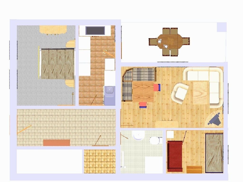 A floor plan with a living area, kitchen, and bathroom.