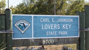 A wooden sign with the text "Carl E. Johnson Lovers Key State Park 8700" and a logo for the Florida Park Service. - Serenity by the Sea, 3 Bedrooms, Walk to Beach, Sleeps 6 (Fort Myers Beach)