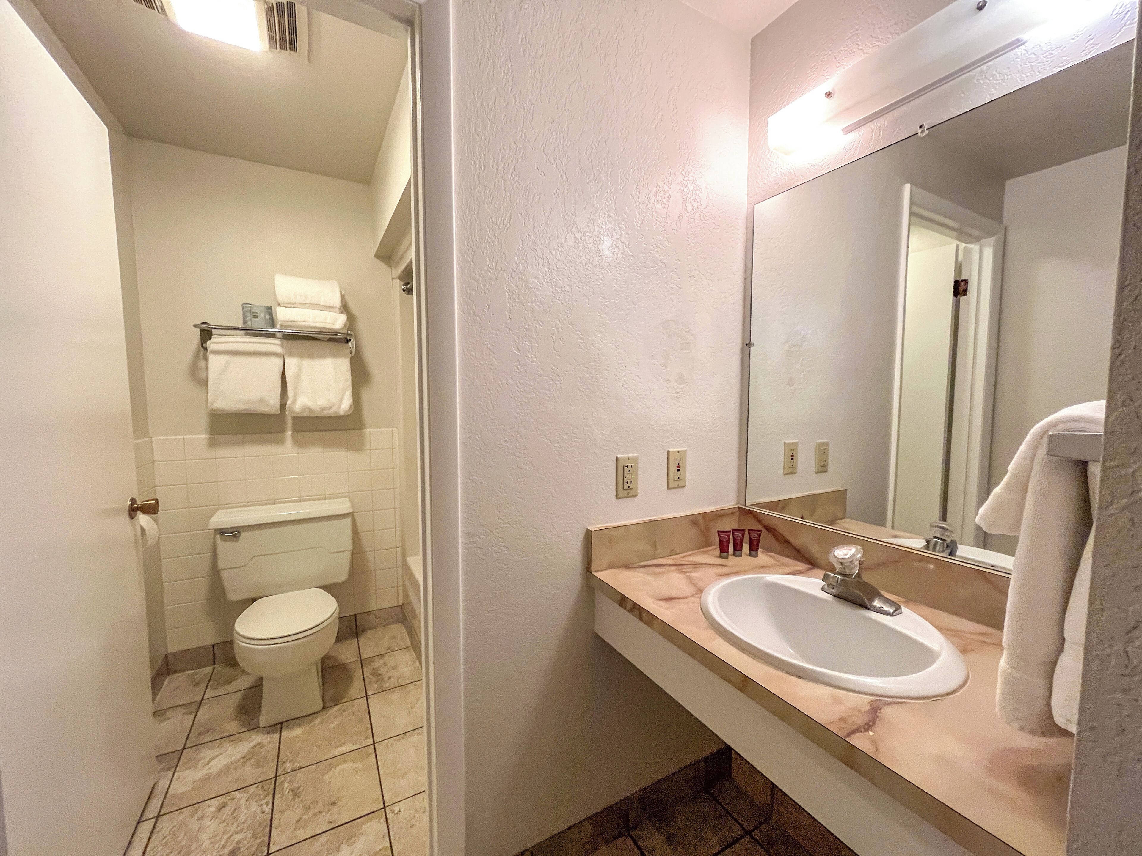 Une salle de bain avec des toilettes, un lavabo et un miroir.