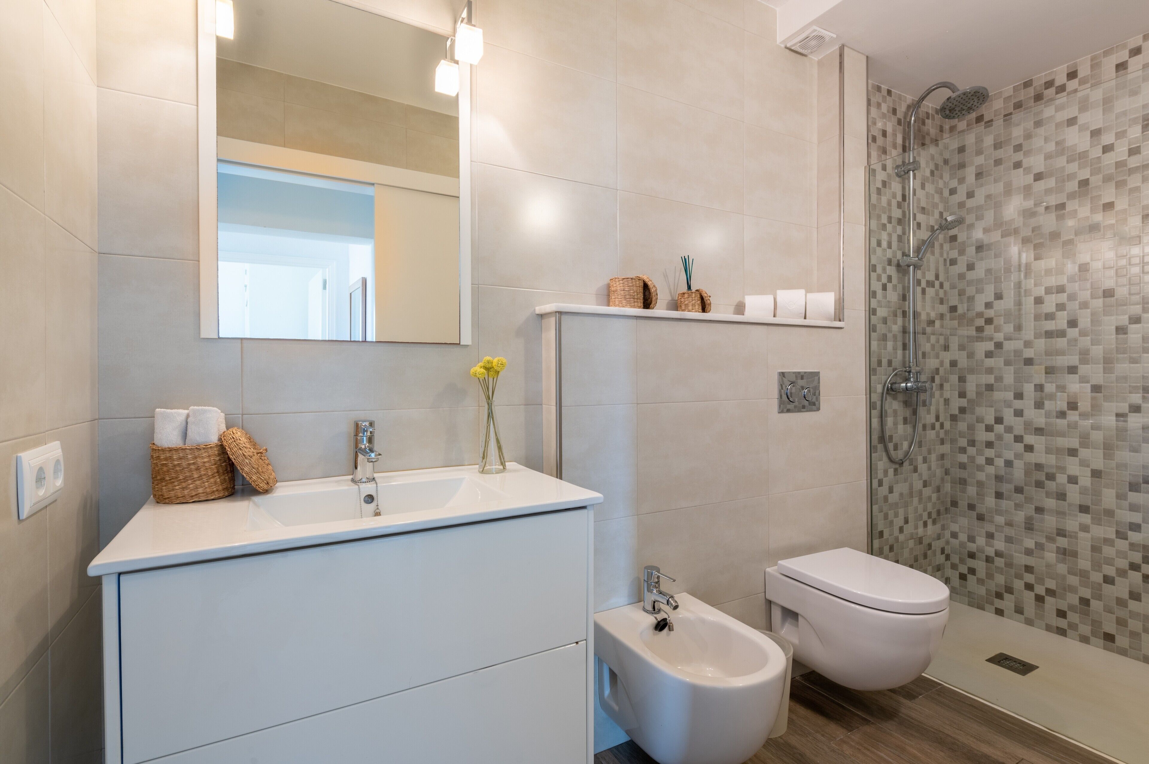 Shower, hair dryer, towels