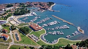 Vista aérea de un puerto deportivo con numerosas embarcaciones amarradas, rodeado por una ciudad costera con edificios y vegetación.