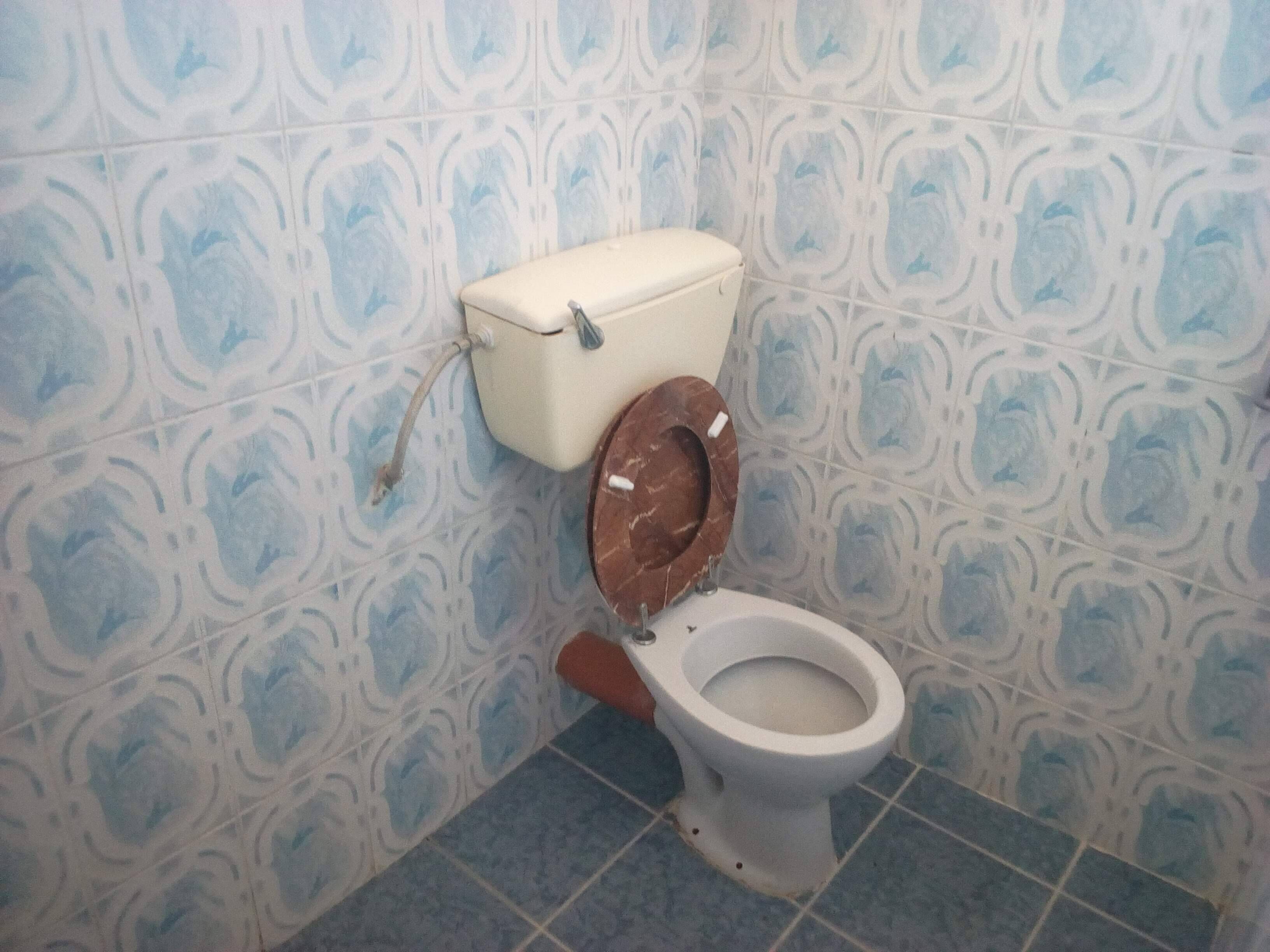 A bathroom with a toilet, a white tank, and a patterned wall.