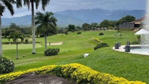 Een golfbaan met een fontein, palmbomen en bergen op de achtergrond.