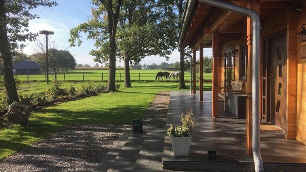 A wooden building with a covered porch, a gravel pathway, and a potted plant, and horses grazing in the background. - Luxury Wooden Villa Albert in Forested Area with Stunning Countryside Views (Den Ham)