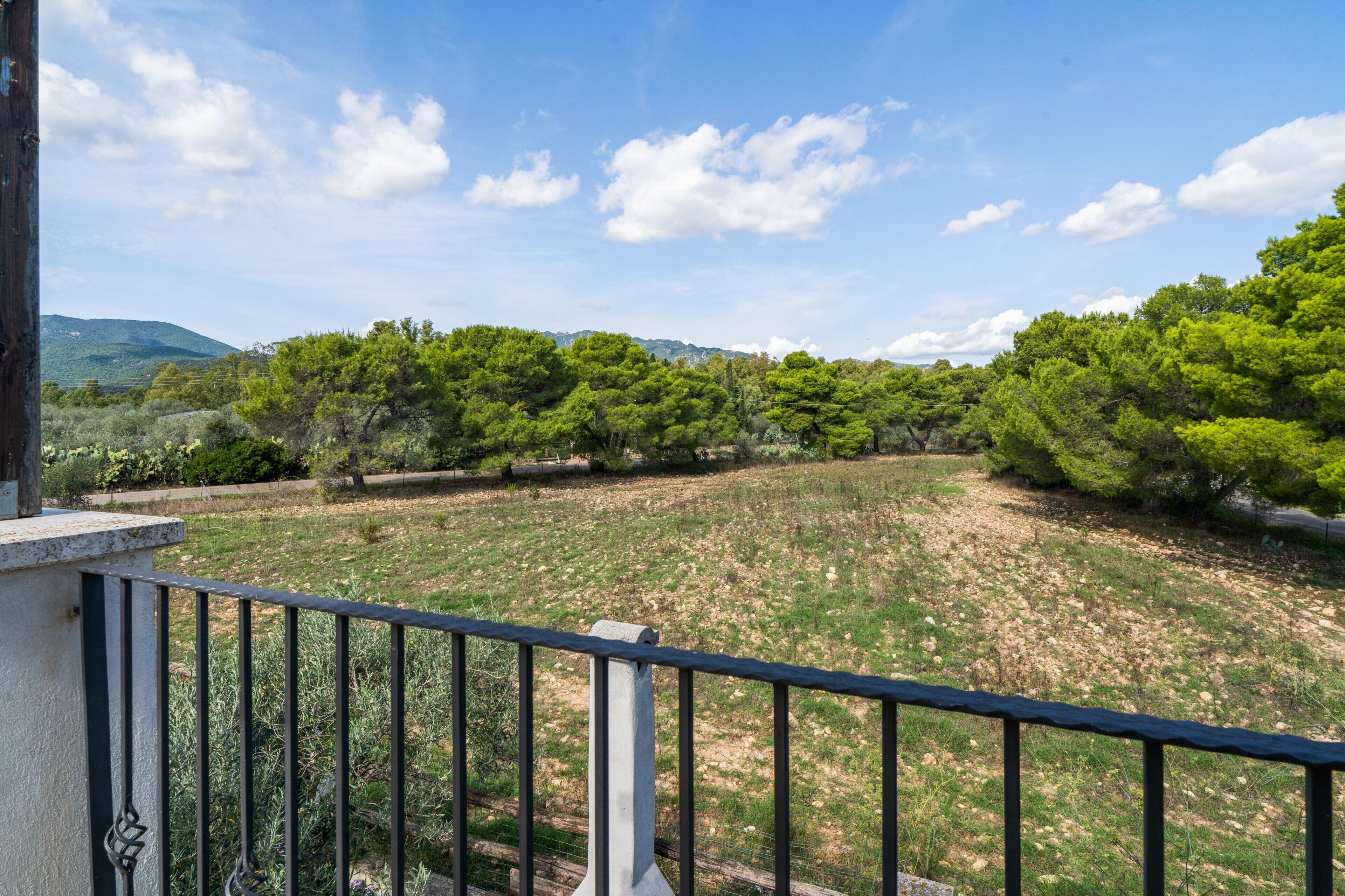 Un balcon doté d’une balustrade en métal, donnant sur un espace verdoyant avec des arbres et une montagne visible au loin.