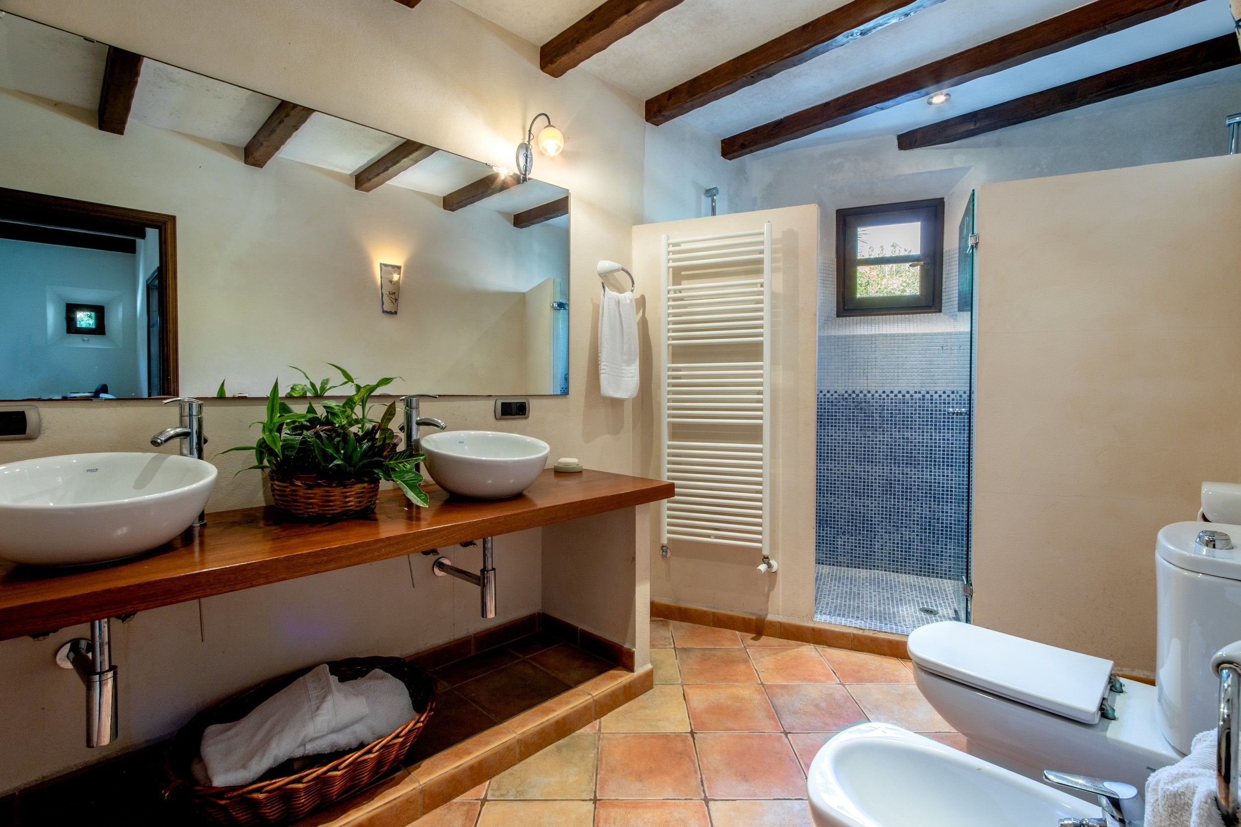 A bathroom with two sinks, a mirror, a towel rack, a shower, and a toilet.