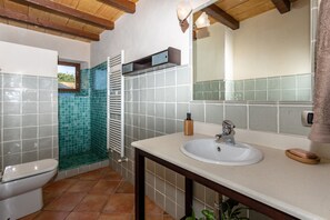 Casa de banho com sanita, chuveiro, lavatório e espelho.