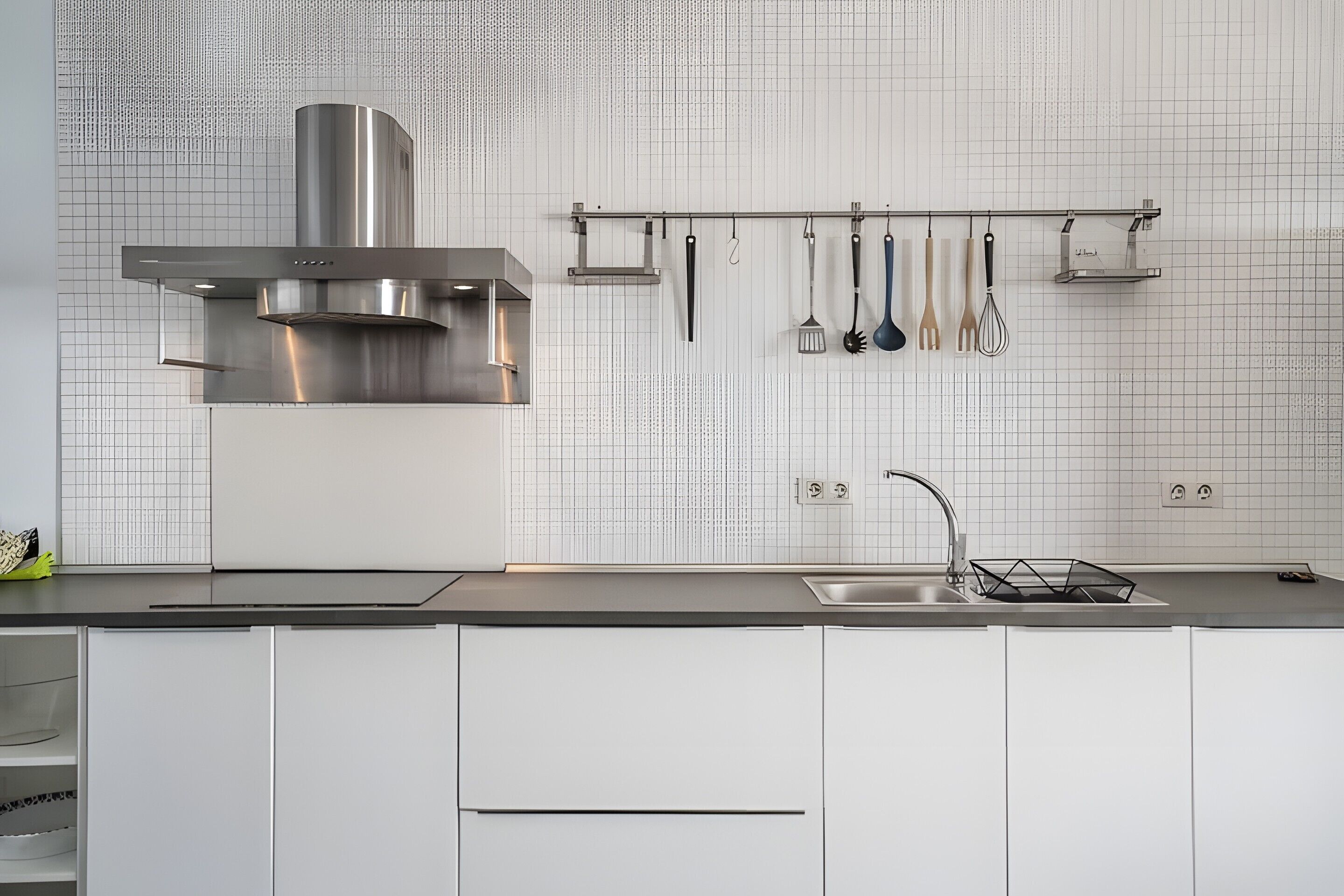 A modern kitchen with white cabinets, a stainless steel range hood, and a utensil rack.