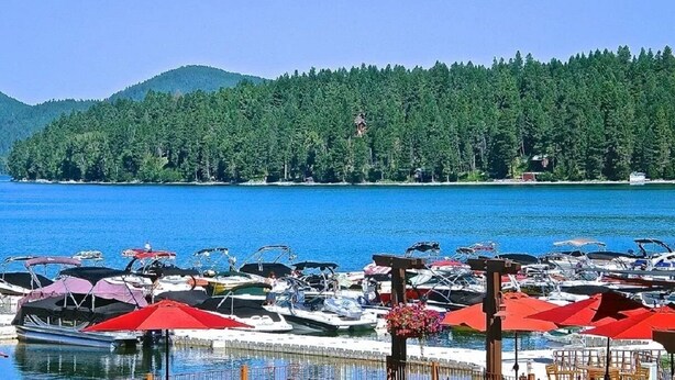 A marina with boats docked, surrounded by a forested hillside. - Town Home with Hot Tub, Sleeps 6 in Meadow Lake Resort and Golf Course (Columbia Falls)