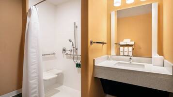 Une salle de bain moderne équipée d’une douche, de toilettes et d’un meuble-lavabo avec un miroir.