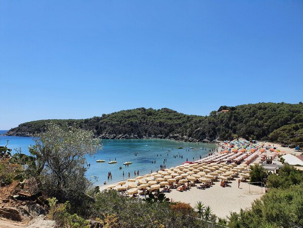 Ein Strand mit Reihen von Sonnenschirmen und Liegestühlen, blauem Meer und hügeliger Kulisse.