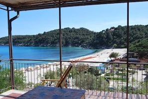 A balcony with a view of a beach and forested hill.