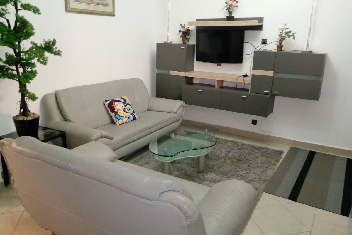 A living room with a grey sofa, a glass coffee table, a TV mounted on the wall, and a potted plant.