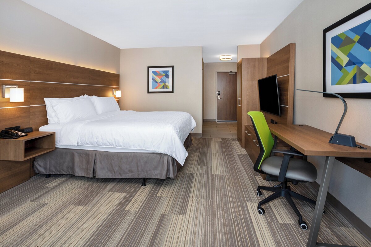 A hotel room with a bed, a desk, a chair, a television, and a framed picture on the wall.