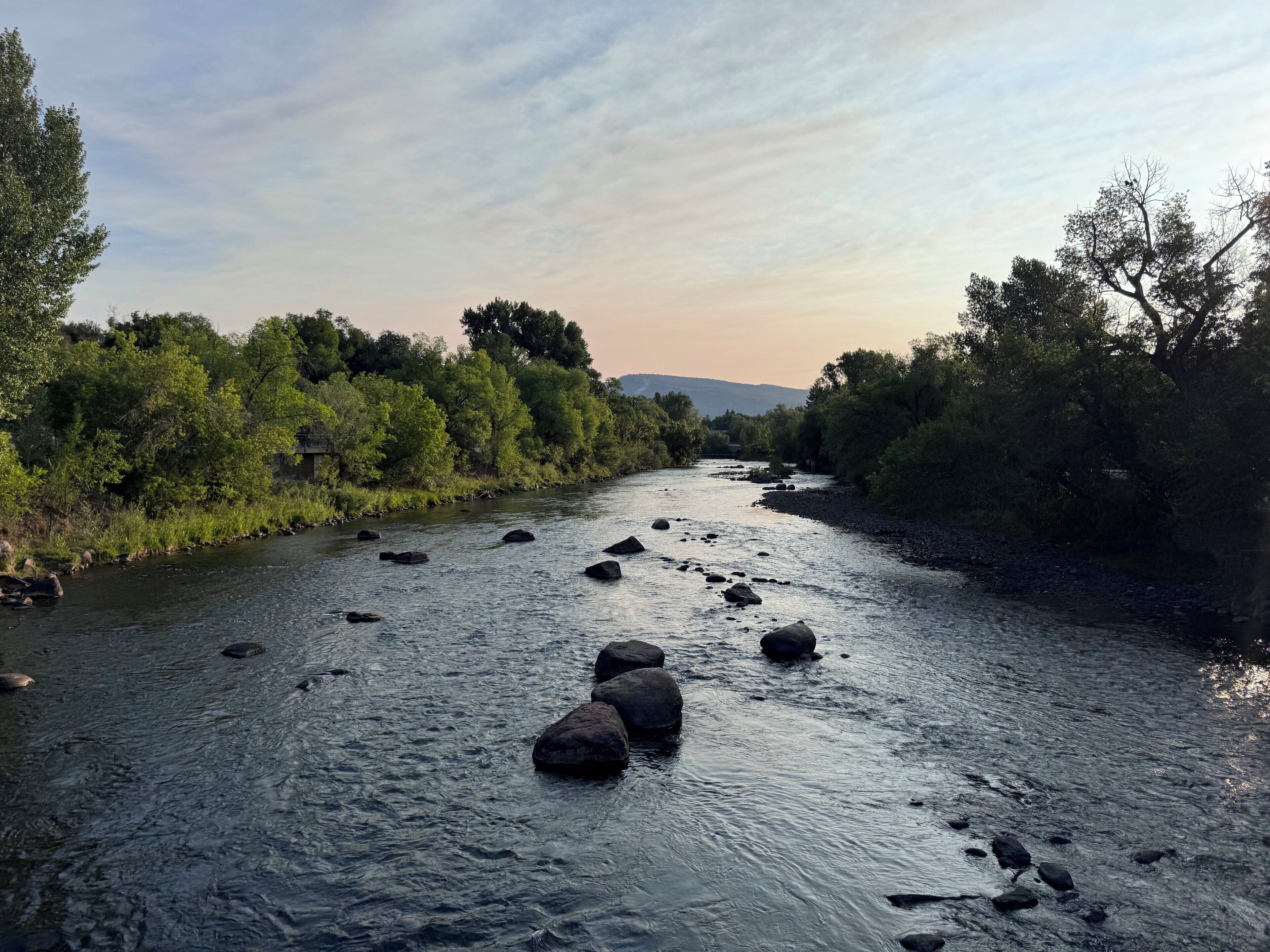A river with rocks and trees on both sides.