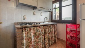 Eine Küche mit Gasherd, Spüle und einem Fenster mit Blick.