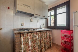 Geladeira, cooktop, talheres/pratos/utensílios de cozinha, especiarias