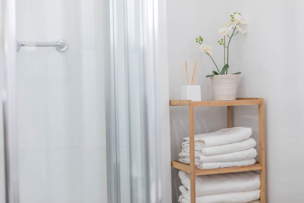 Een douche, een haardroger, handdoeken