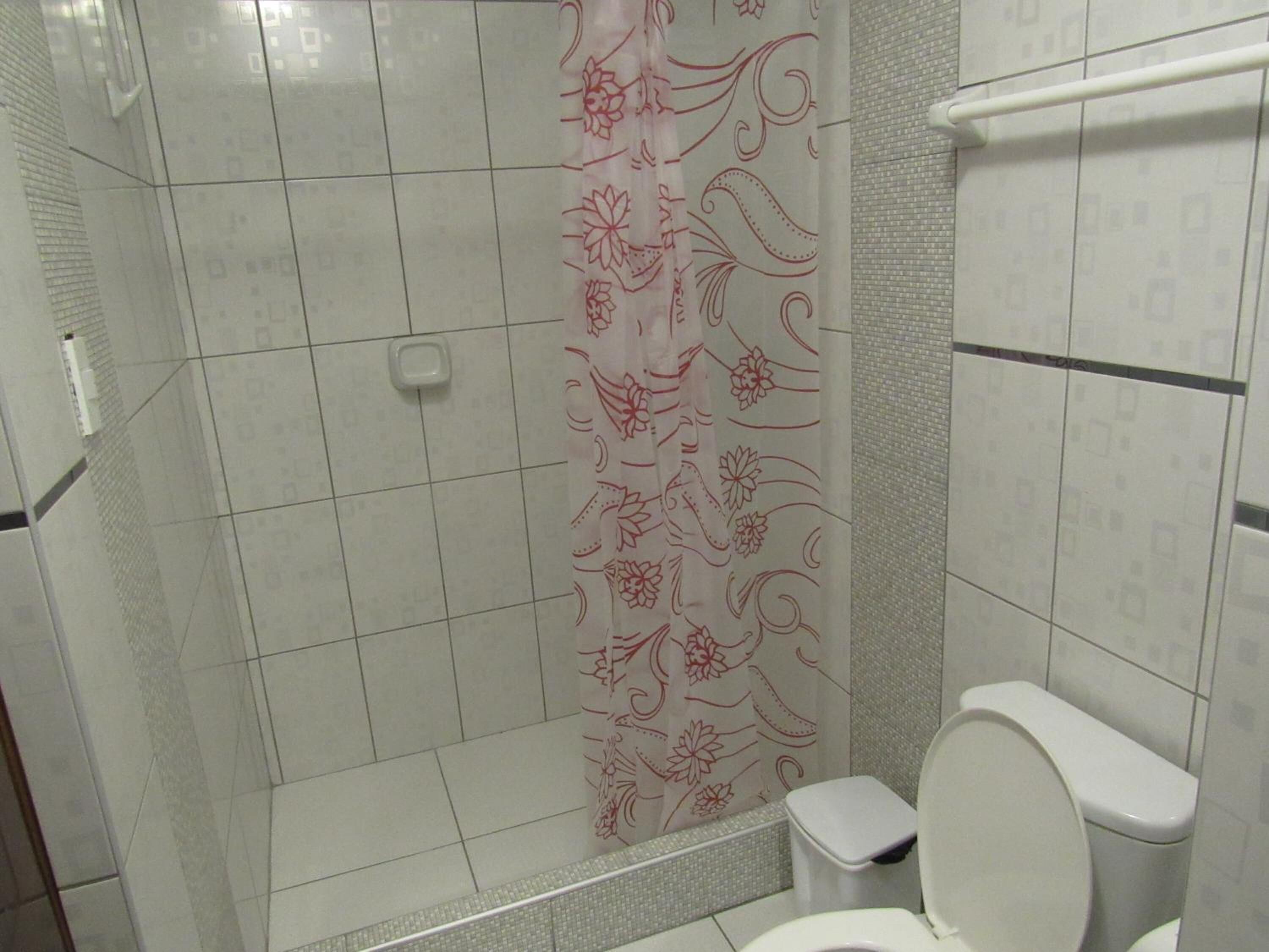 Une salle de bain avec douche, toilettes et murs carrelés.