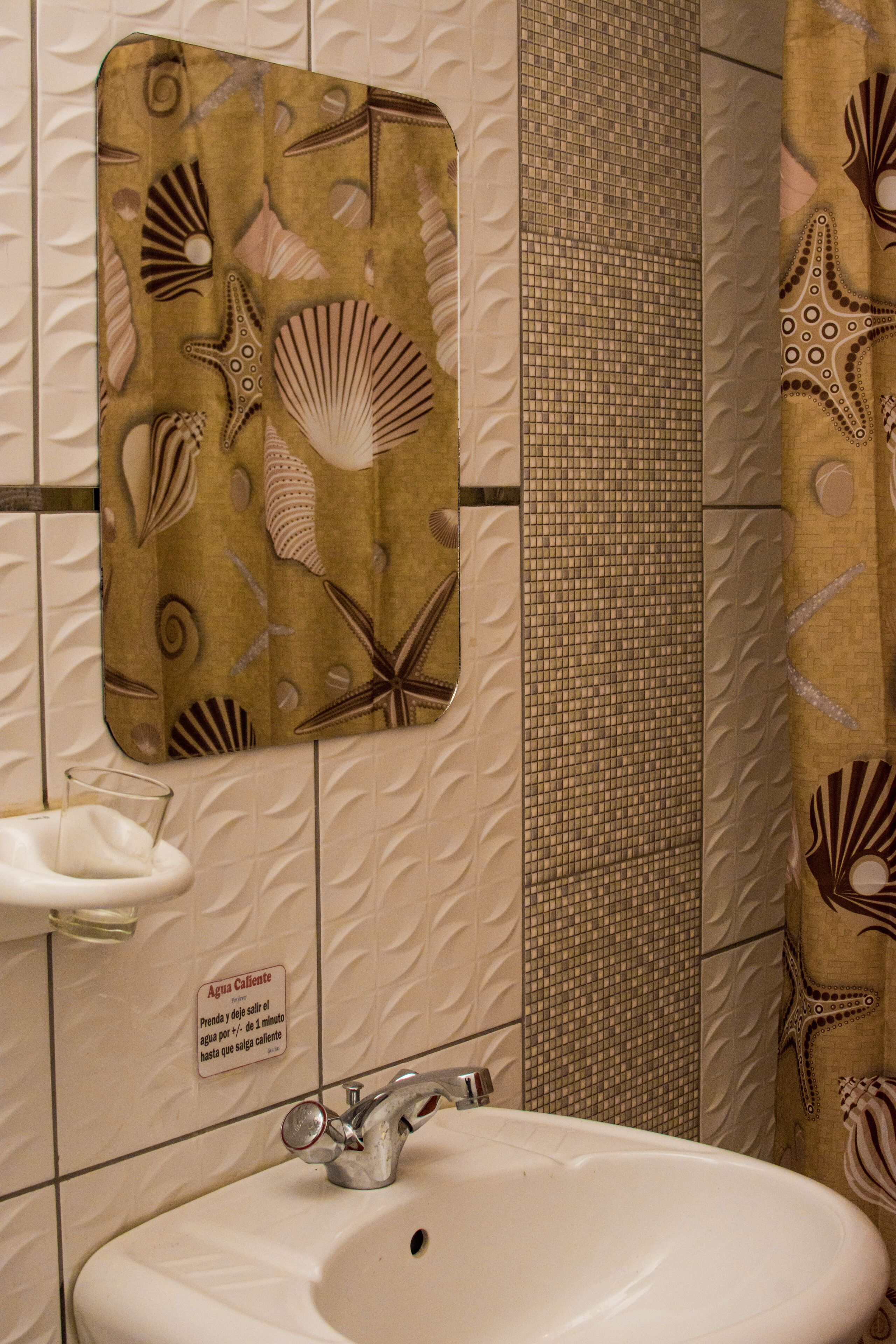 A bathroom with a sink, a mirror, and a shower curtain with a sea shell pattern.