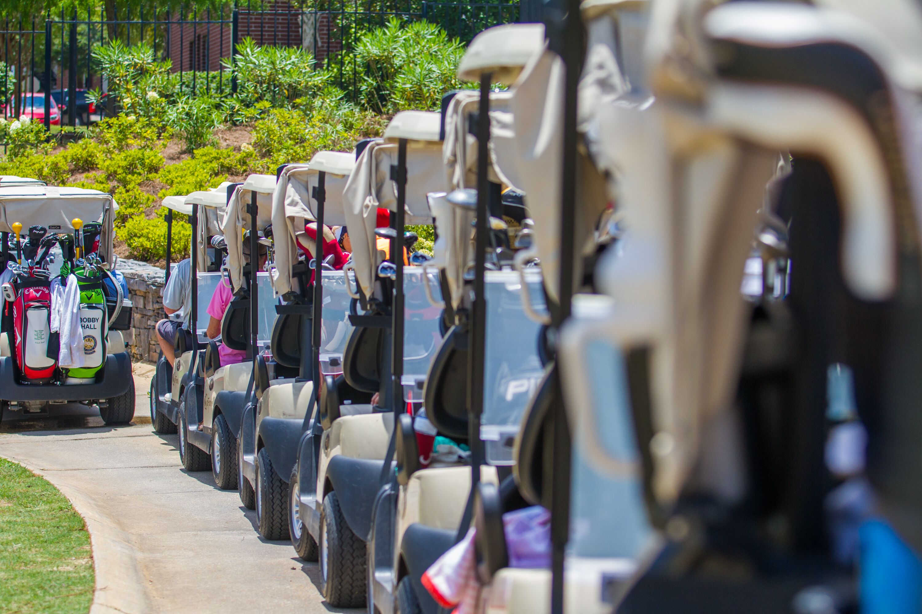 A row of golf carts parked in a line along a pathway.