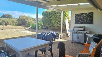 An outdoor patio with a table, chairs, a grill, and a dog.