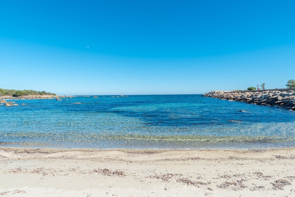 A beach with clear blue water, rocky shoreline, and sparse vegetation.