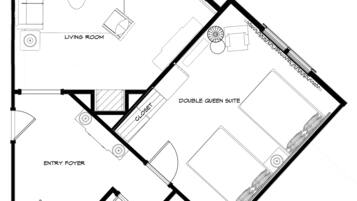 Plattegrond van een hotel met balkon, woonkamer, suite met twee queen bedden, entreehal en badkamer.
