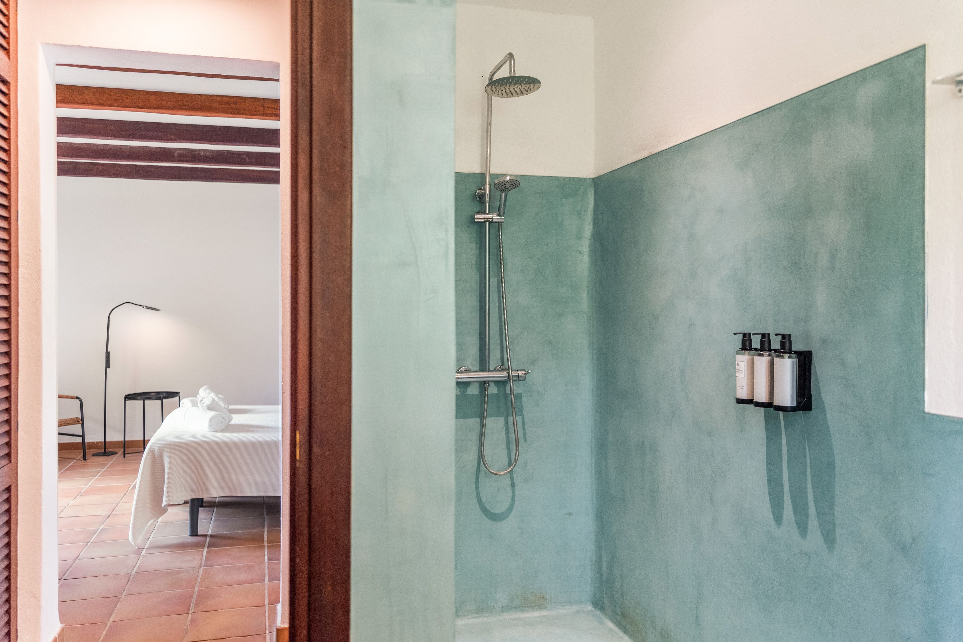 Une salle de bain avec une douche, un porte-serviettes avec des bouteilles, et un lit dans la pièce adjacente.