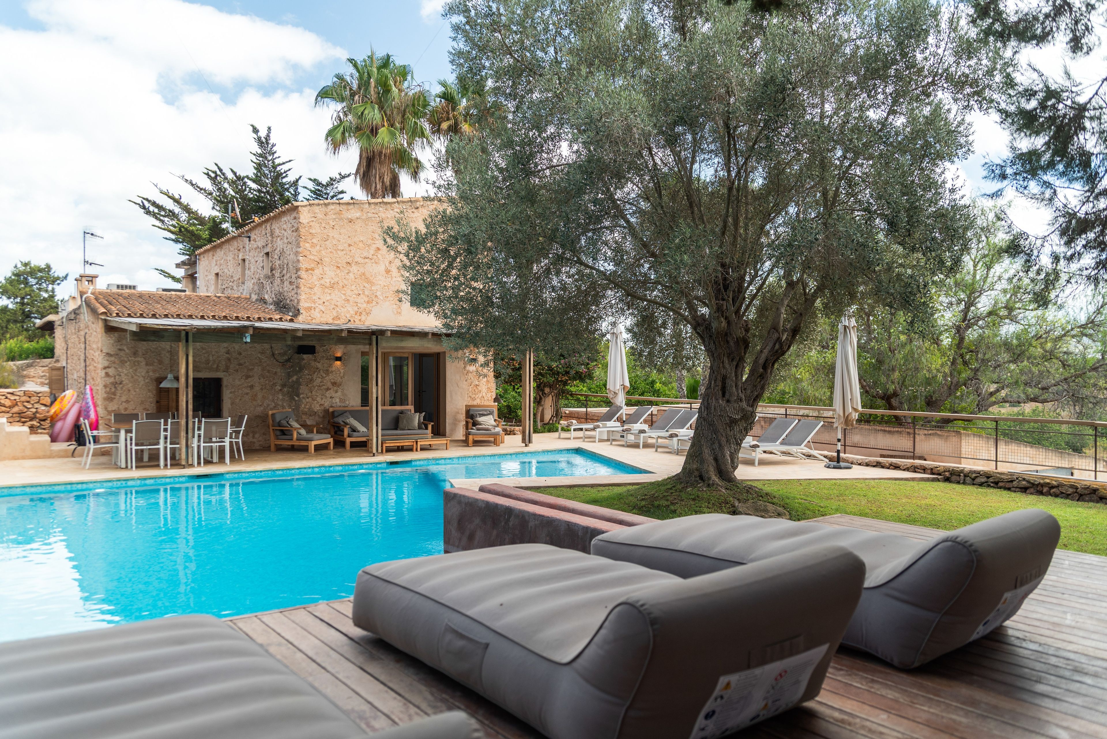 Area piscina con lettini, un edificio in pietra e un albero grande.