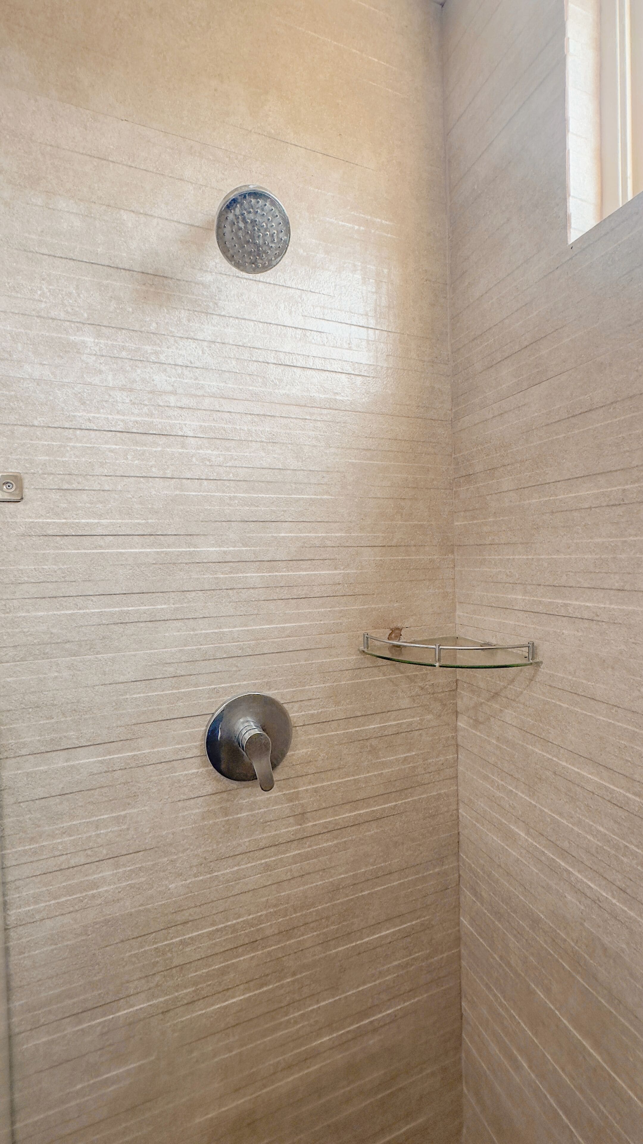 A shower with a handheld showerhead and a wall-mounted control.