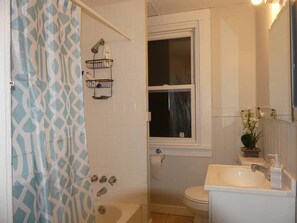 Combined shower/tub, hair dryer, towels, soap