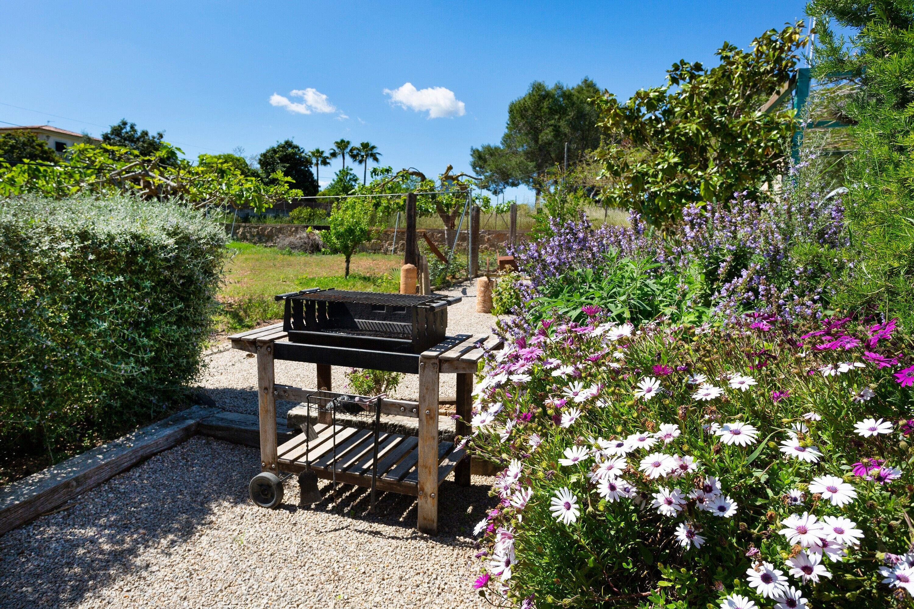 Een barbecue op een houten kar in een tuin met een grindpad, omringd door verschillende planten en bloemen.