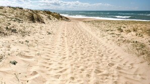 Een zandpad langs het strand dat naar de oceaan leidt, met duinen aan de ene kant.