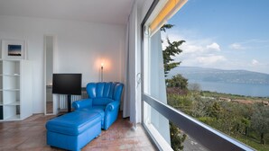 Un salon moderne avec un canapé bleu, un téléviseur à écran plat et une vue sur un lac et des montagnes.