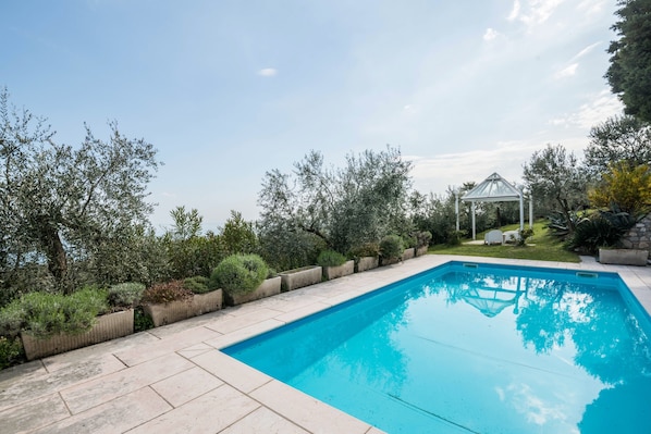 Ein rechteckiger Swimmingpool mit glasklarer, blauer Wasseroberfläche, umgeben von einer gefliesten Liegefläche und gesäumt von verschiedenen Pflanzen und Sträuchern.