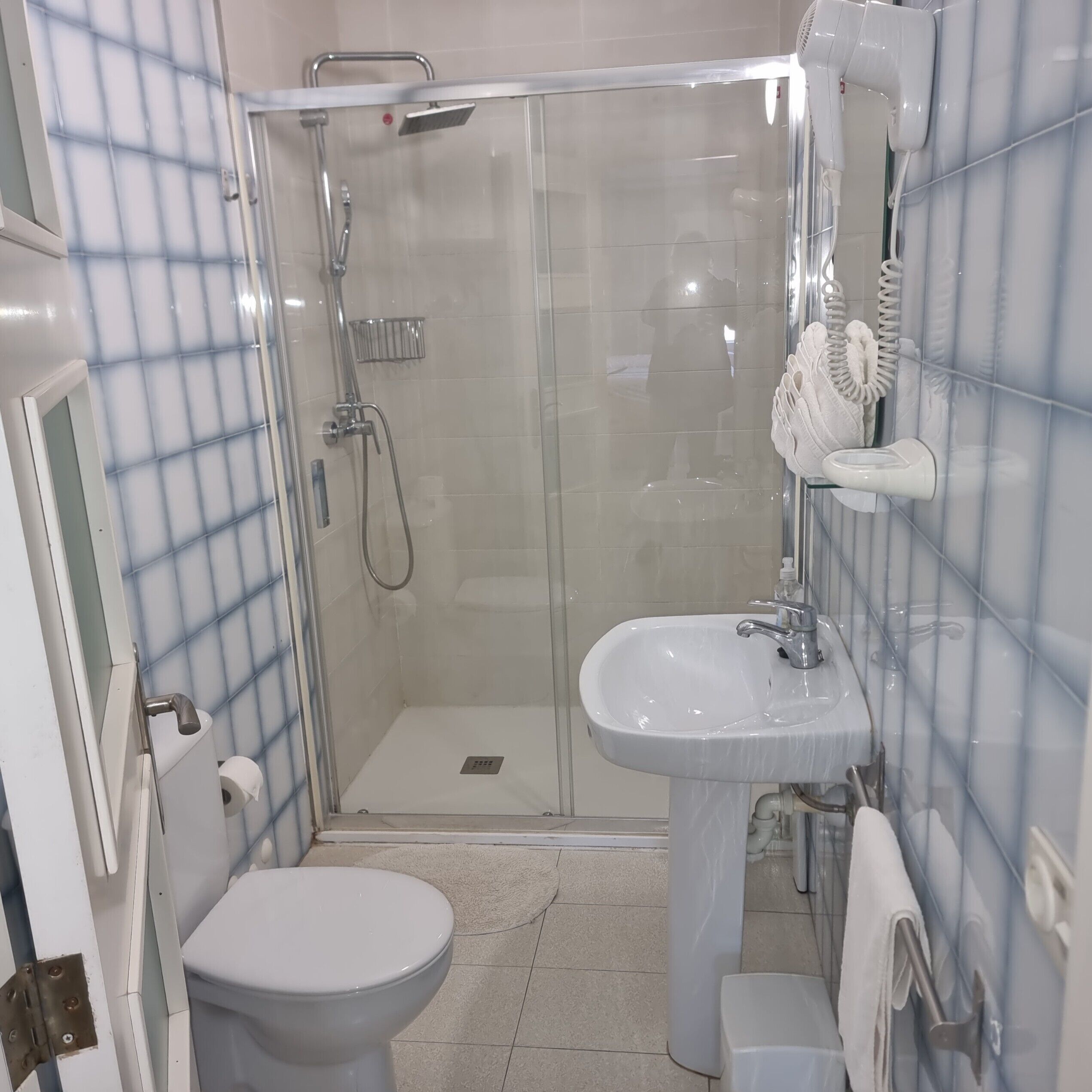 Shower, hair dryer, towels