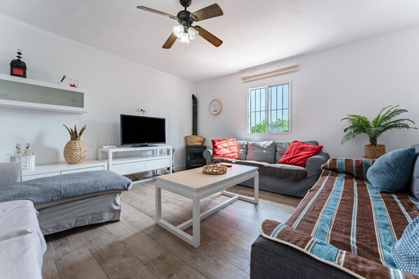 A modern living room with a flat-screen TV, a ceiling fan, a sofa, a coffee table, and a potted plant.