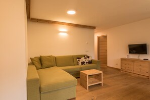 Un soggiorno con un divano verde, un tavolino in legno, una TV su un mobile in legno e una porta in legno.