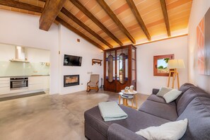 Una sala de estar con sofá, televisión, chimenea y un área de cocina.