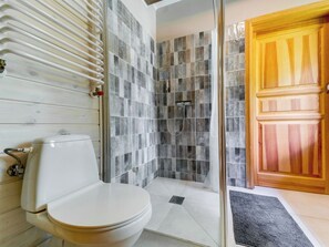 Ein Badezimmer mit Toilette, Dusche und Holztür.