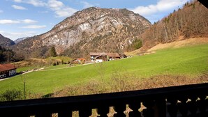 A mountain landscape with a house and a green field.