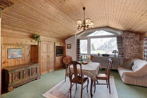 A cozy room with wooden walls, a stone fireplace, a dining table with chairs, a sofa, and a television.