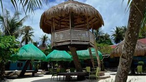 A thatched-roof structure with a wooden lattice, surrounded by palm trees and green umbrellas. - Mangodlong Rock Resort (San Francisco)