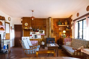 A cozy living room with a fireplace, wooden furniture, and a kitchen area with a stove and various kitchen utensils.