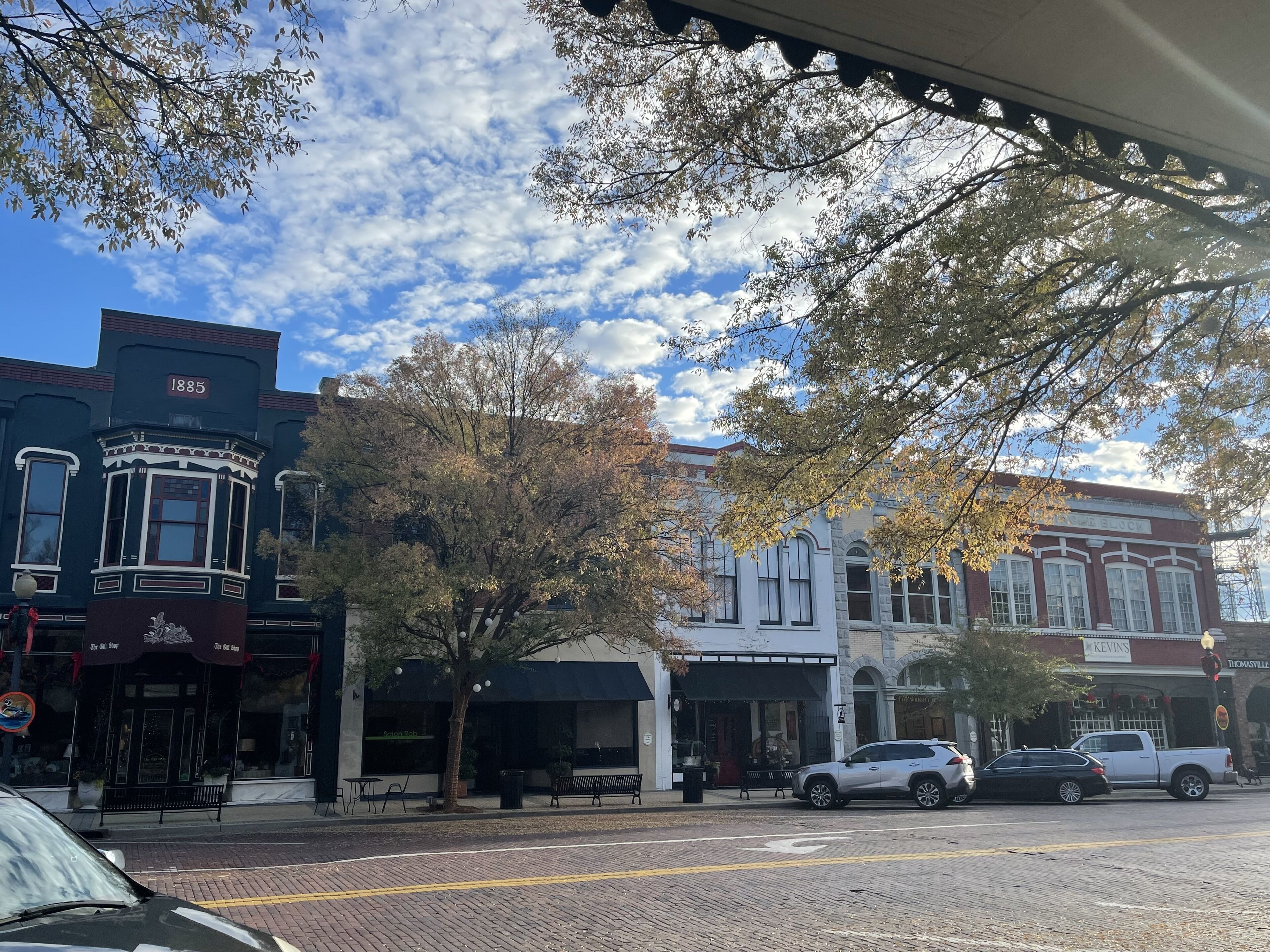 A street view with historic buildings, a tree-lined sidewalk, and parked cars.