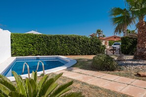 A swimming pool with a geometric tile pattern, surrounded by a well-maintained hedge, a stone pathway, and a palm tree.