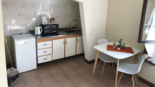 A compact kitchen with a toaster oven, coffee maker, and sink. There is a small refrigerator, a dining table with chairs, and a potted plant on the table. - A un paso de todo Lo de Richard (Ushuaia)