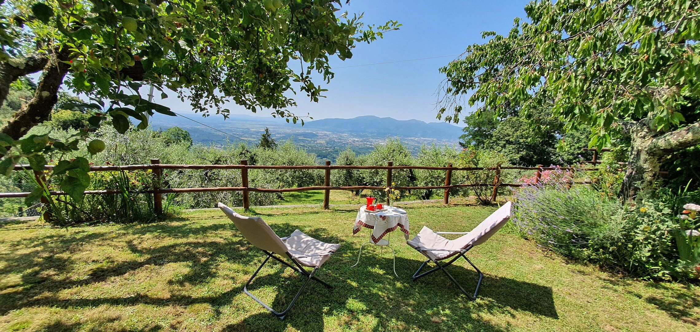 Un jardin avec deux chaises et une table, entouré d’une clôture en bois et d’une végétation luxuriante.