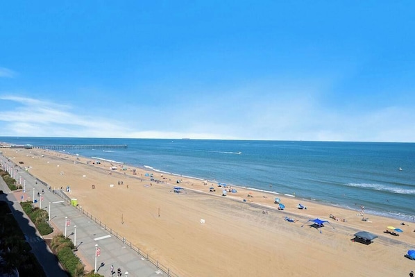 A beach with a pier, sandy shore, and umbrellas. - Balcony Coffee, Beach All Day (Virginia Beach)